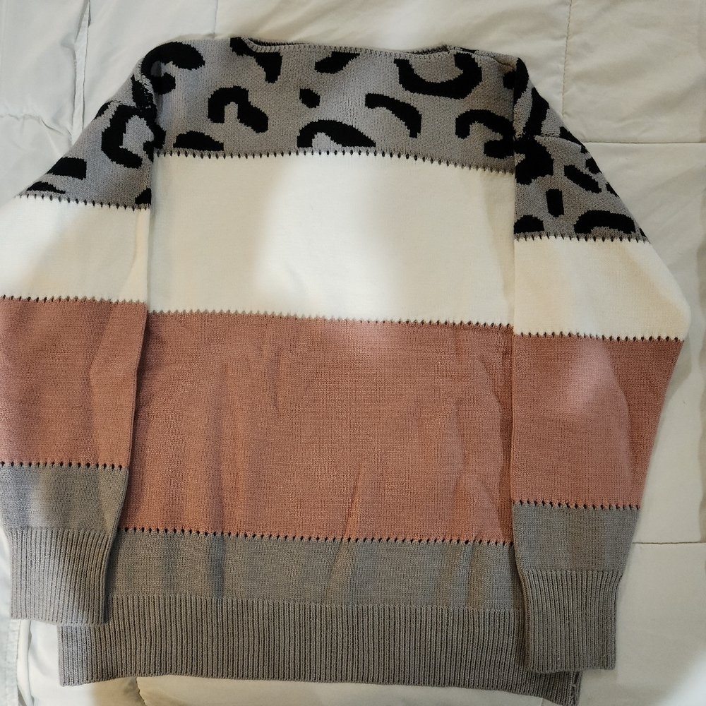Cozy Leopard Striped Colorblock Knit Crewneck Sweater Pink Size L & XL - Picture 7 of 8